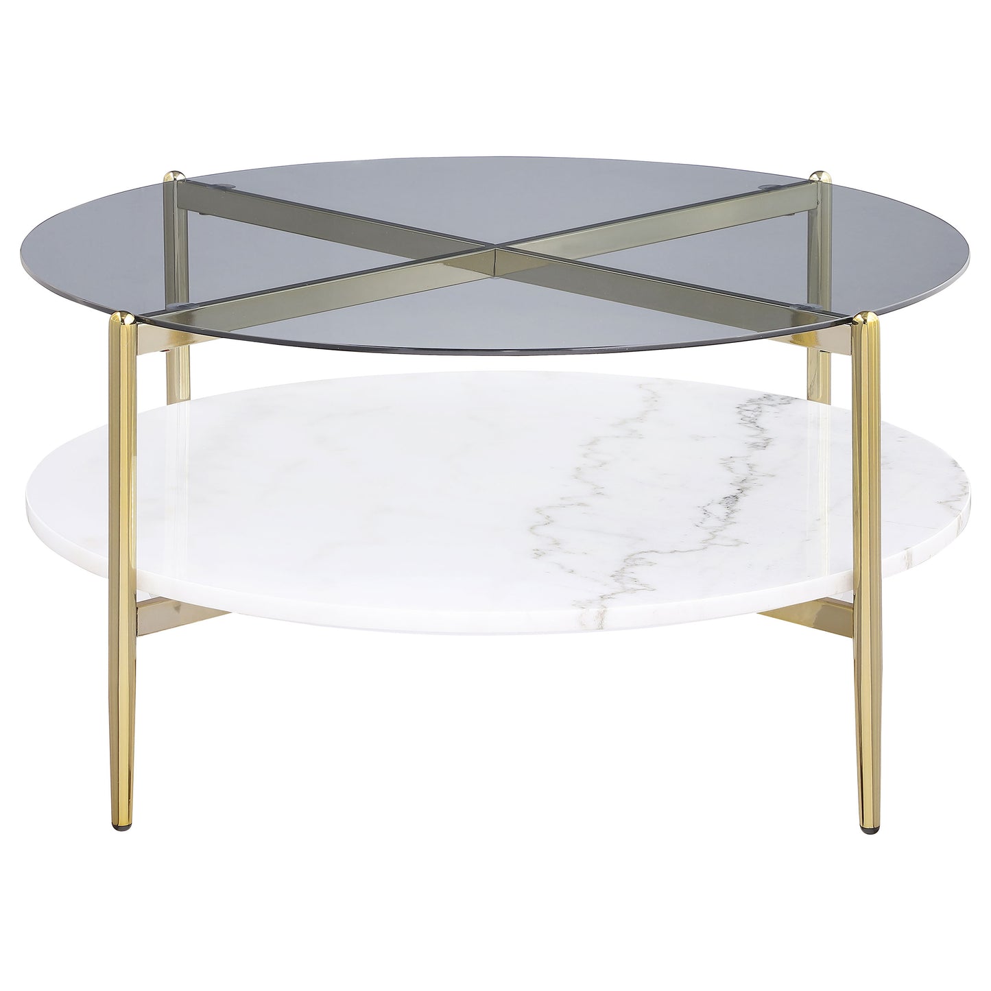 Jonelle Round Glass Top Coffee Table White Marble Shelf Gold