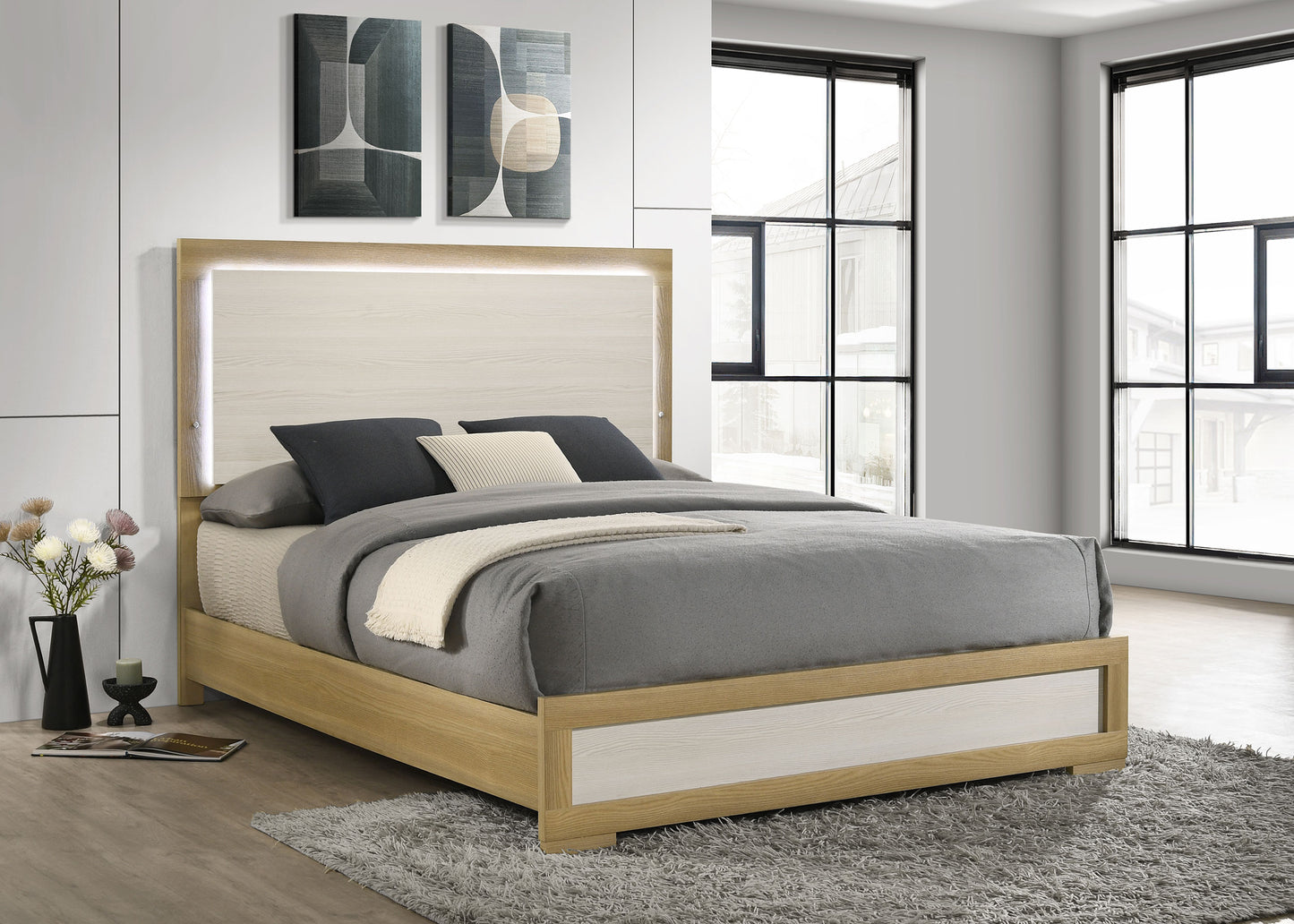 Hyland Wood Queen LED Panel Bed Natural and White