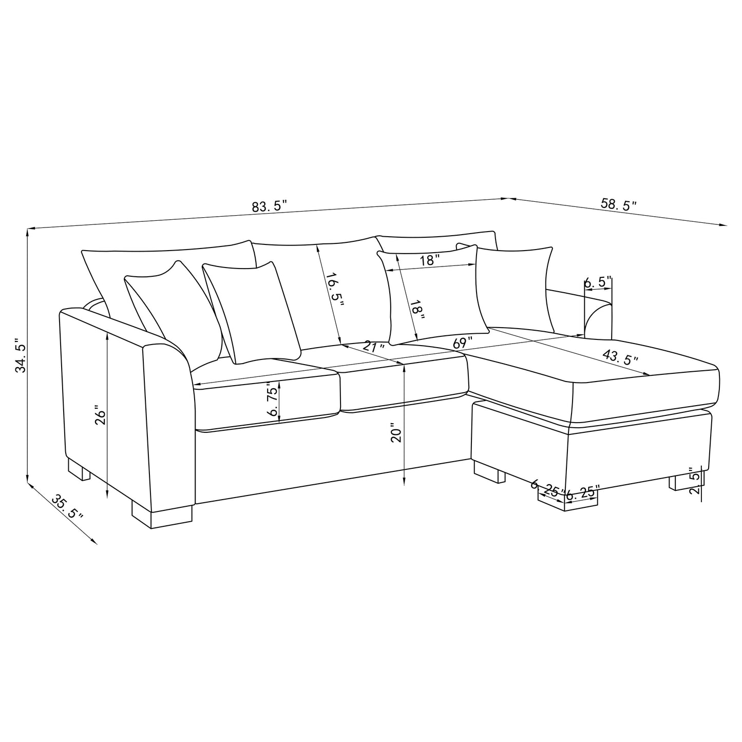 Storey Upholstered Sleeper Sectional Chaise Sofa Grey