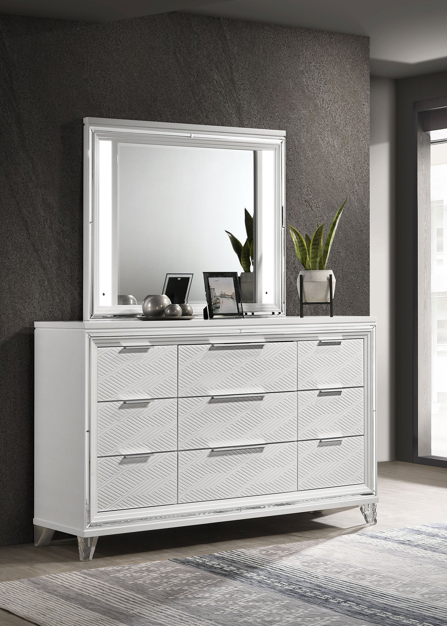 Marmore 9-drawer Dresser and LED Mirror White