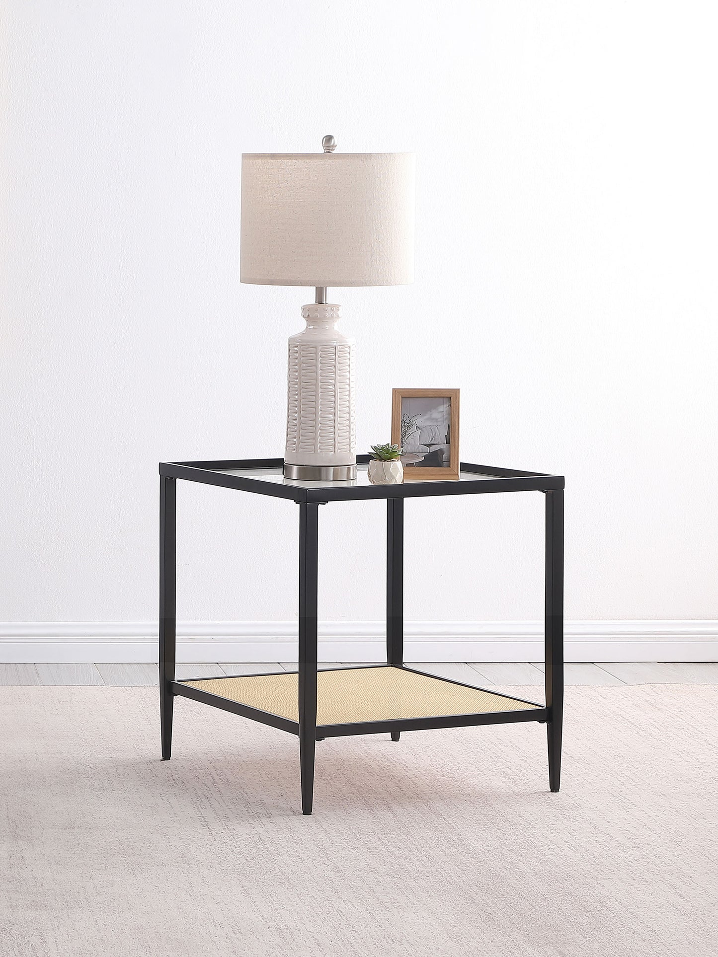 Amherst Glass Top Metal with Cane Shelf End Table Black