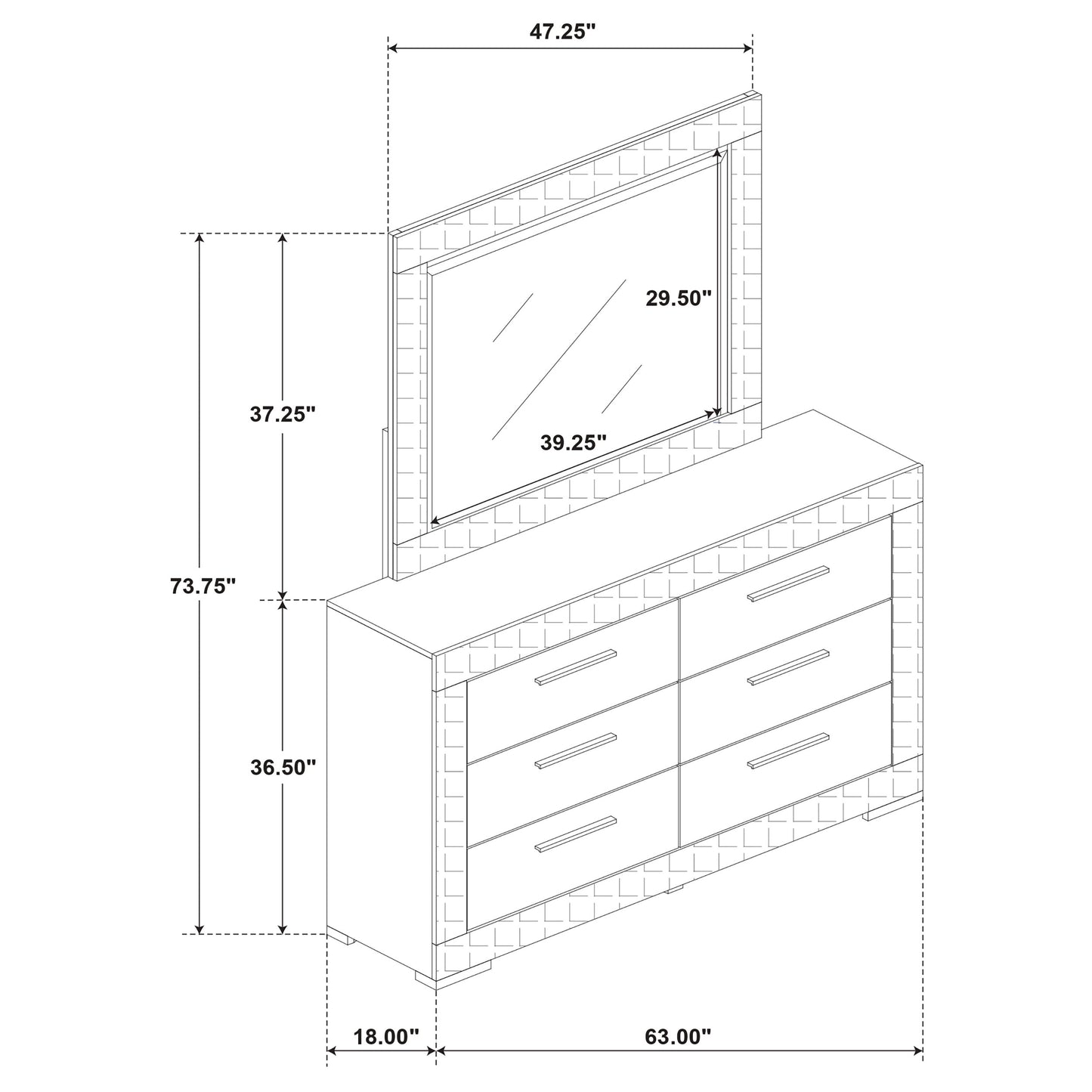 Ives 6-drawer Dresser and Mirror Grey High Gloss