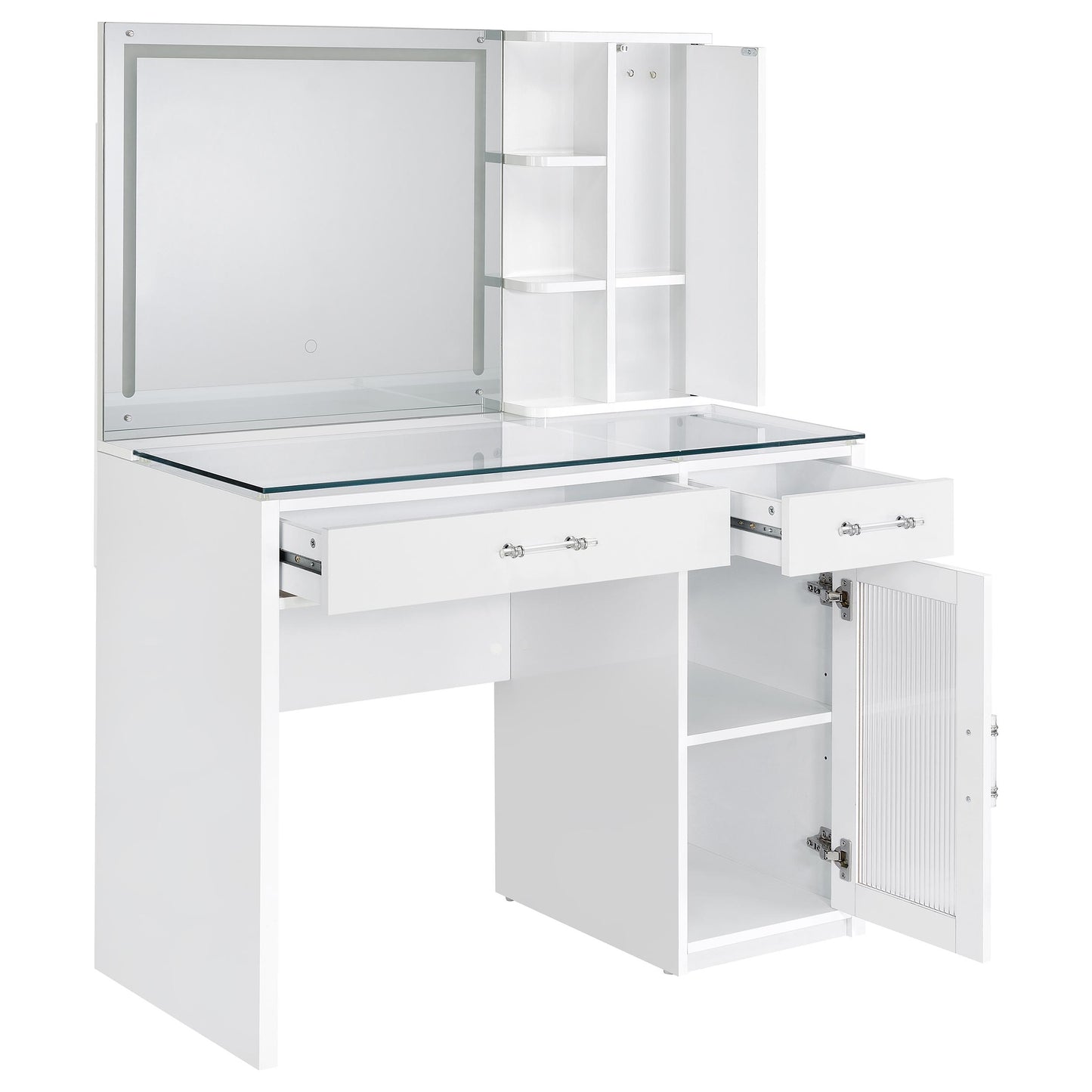 Flora 2-drawer Vanity Table Set LED Mirror and Stool White High Gloss