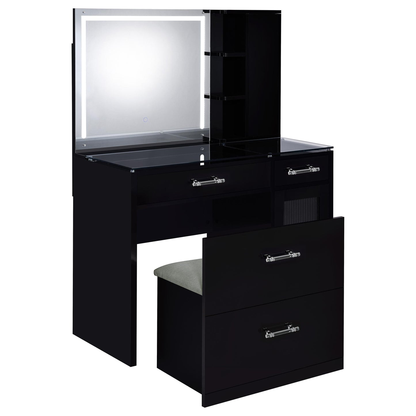 Flora 2-drawer Vanity Table Set LED Mirror and Stool Black High Gloss