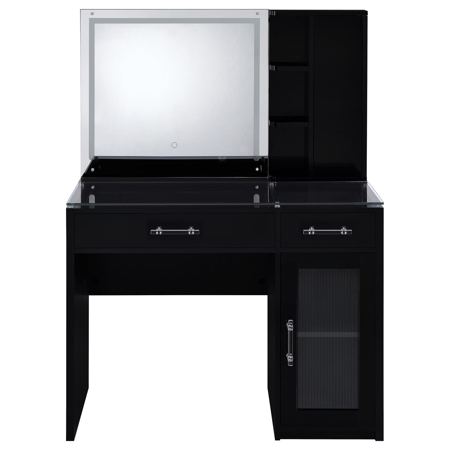 Flora 2-drawer Vanity Table Set LED Mirror and Stool Black High Gloss