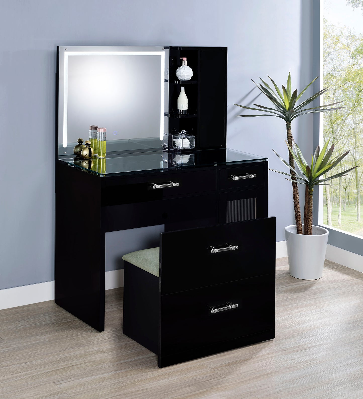 Flora 2-drawer Vanity Table Set LED Mirror and Stool Black High Gloss