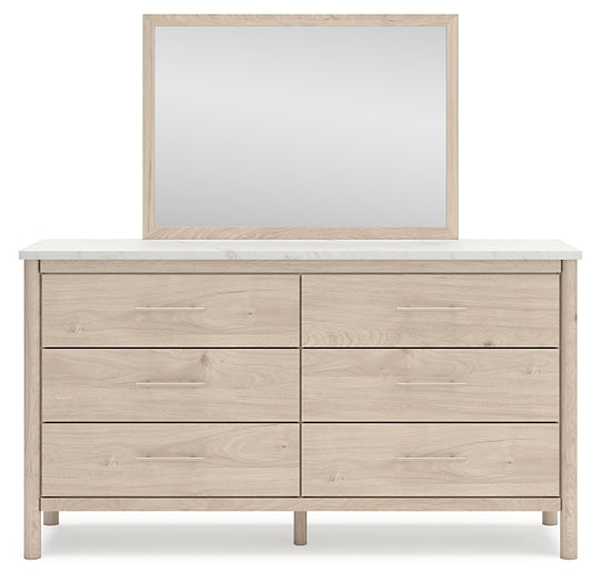 Cadmori Queen Upholstered Panel Bed with Mirrored Dresser and Chest