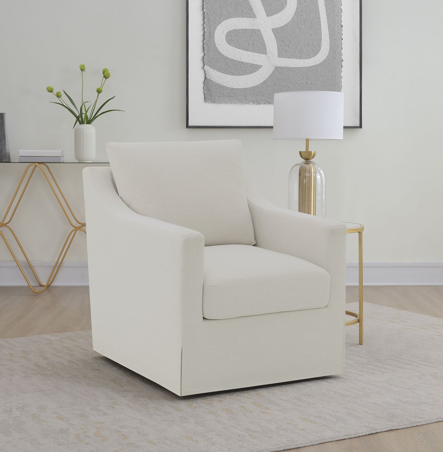 Winter Upholstered Sloped Arm Accent Swivel Chair Beige