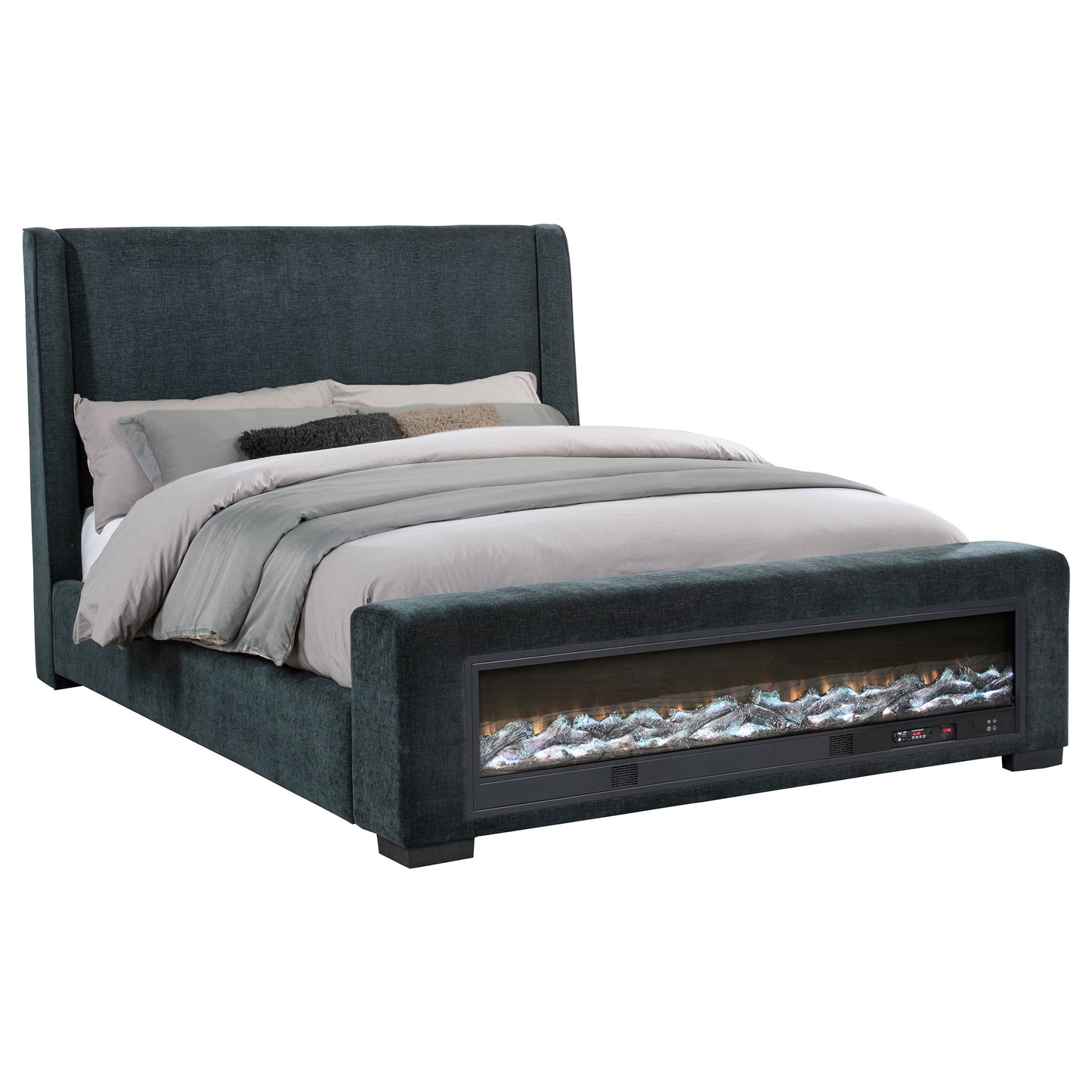 Preston Upholstered Eastern King Audio Fireplace Bed Blue