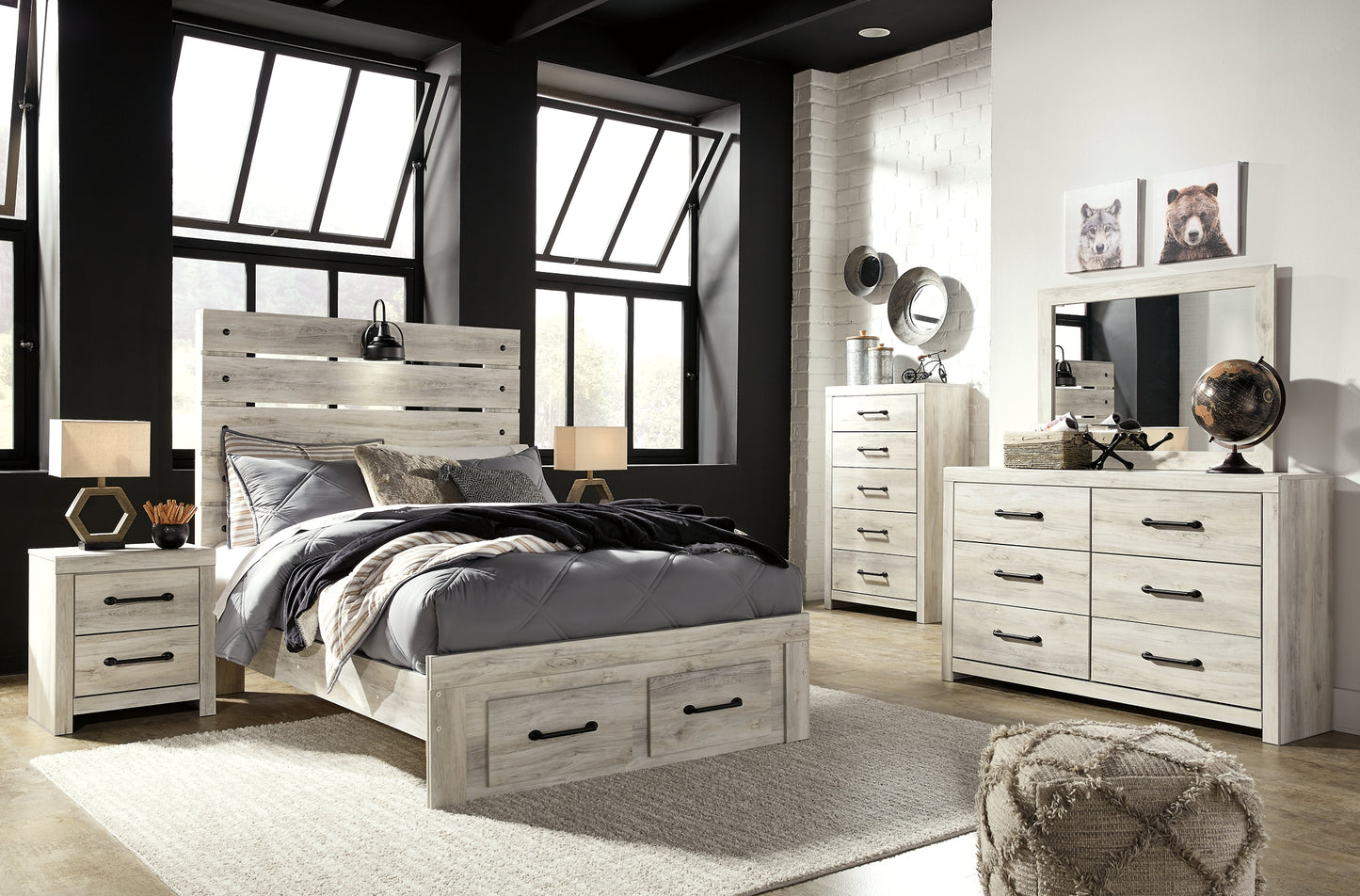 Cambeck Full Panel Bed with 4 Storage Drawers with Mirrored Dresser, Chest and Nightstand