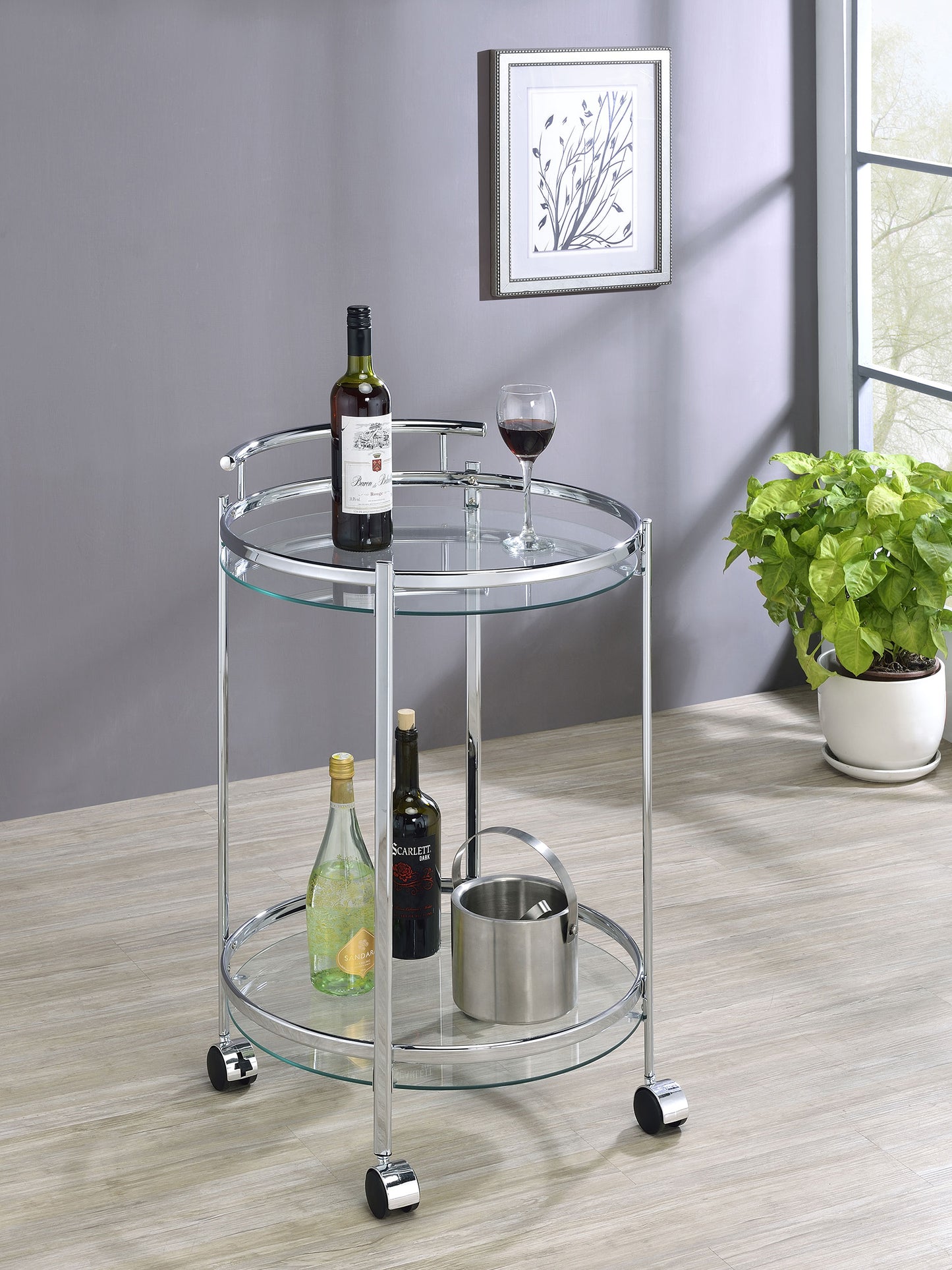 Chrissy Round Glass Shelf Metal Bar Cart Chrome