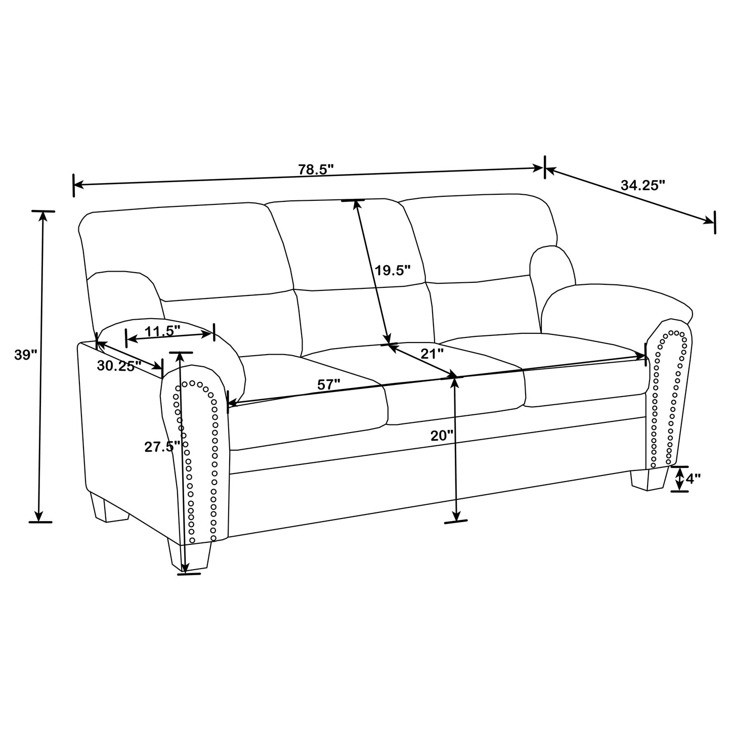 Clementine Upholstered Padded Arm Sofa Grey